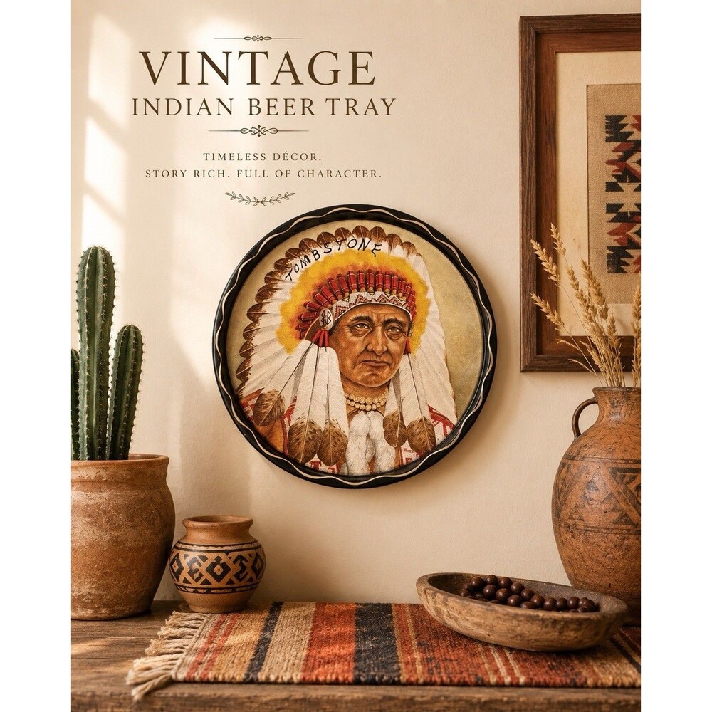 Native American Beer Tray Sitting Bull Indian Metal Serving 11" Bar Decor